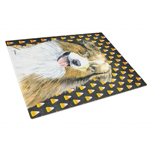 Caroline's Treasures Australian Shepherd Candy Corn Halloween Portrait Glass Cutting Board Large
