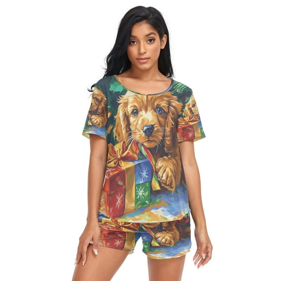 Women Pajama Sets Short Sleeve Sweatshirts Puppy with Christmas Gifts Casual Tops and Shorts