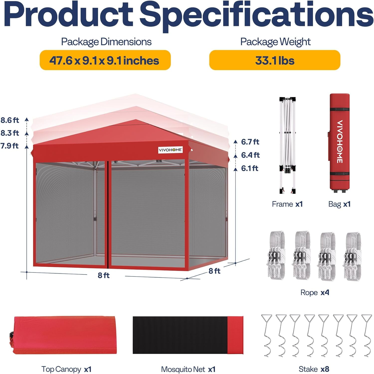 SPECSTAR 8'x 8' Easy Pop-Up Canopy with Mesh Netting, Instant Outdoor Screened tent with Mosquito Netting, 2 Zipper Doors and Roller Bag for Yard Camping Picnic Party Events, Red