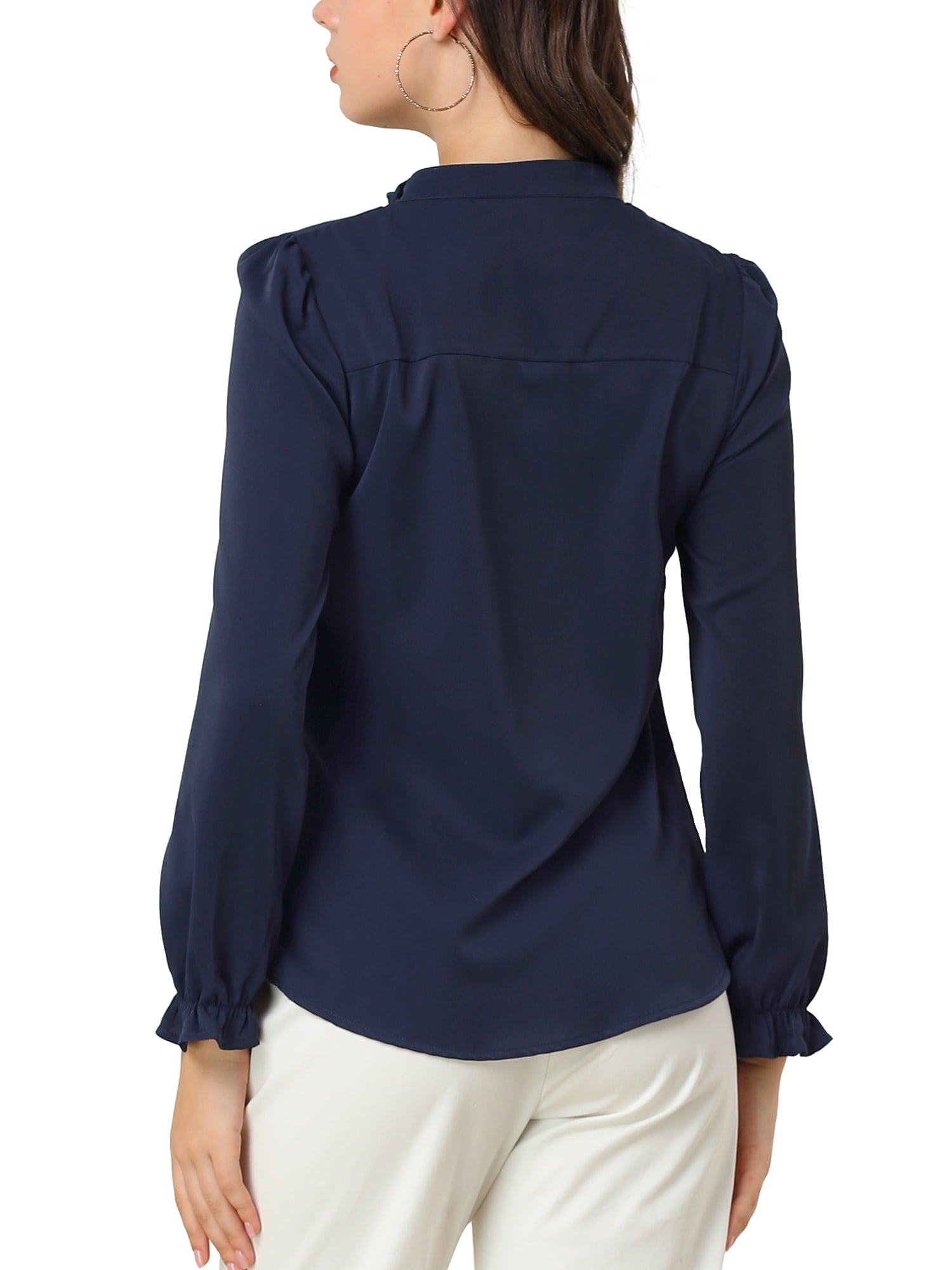 DARING DIVA Women's Chiffon Stand Collar Ruffled Trim Work Blouse XL Navy Blue