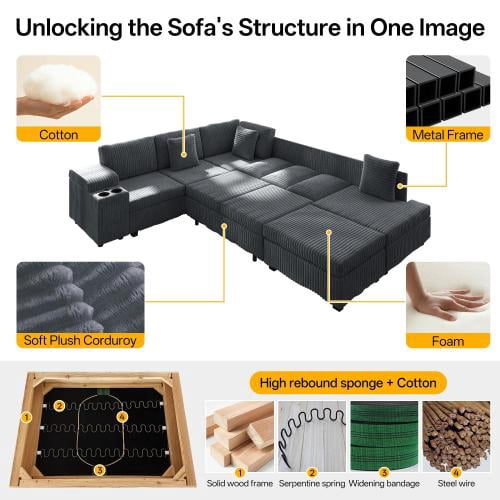110.2" L-Shaped Convertible Sleeper Sectional Sofa Set with Removable Ottoman, Hidden Armrest Storage, USB & Type-C Charging Ports, Cup Holders, Plush Corduroy, Dark Grey