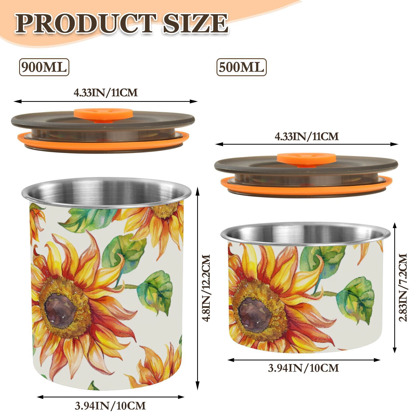 Yellow Sunflower Watercolor Airtight Coffee Bean Canister 30oz Food Storage Containers with Lids For Gournd, Tea, Sugar, Flour, Rice, Cereal, Candy Cookie Jar