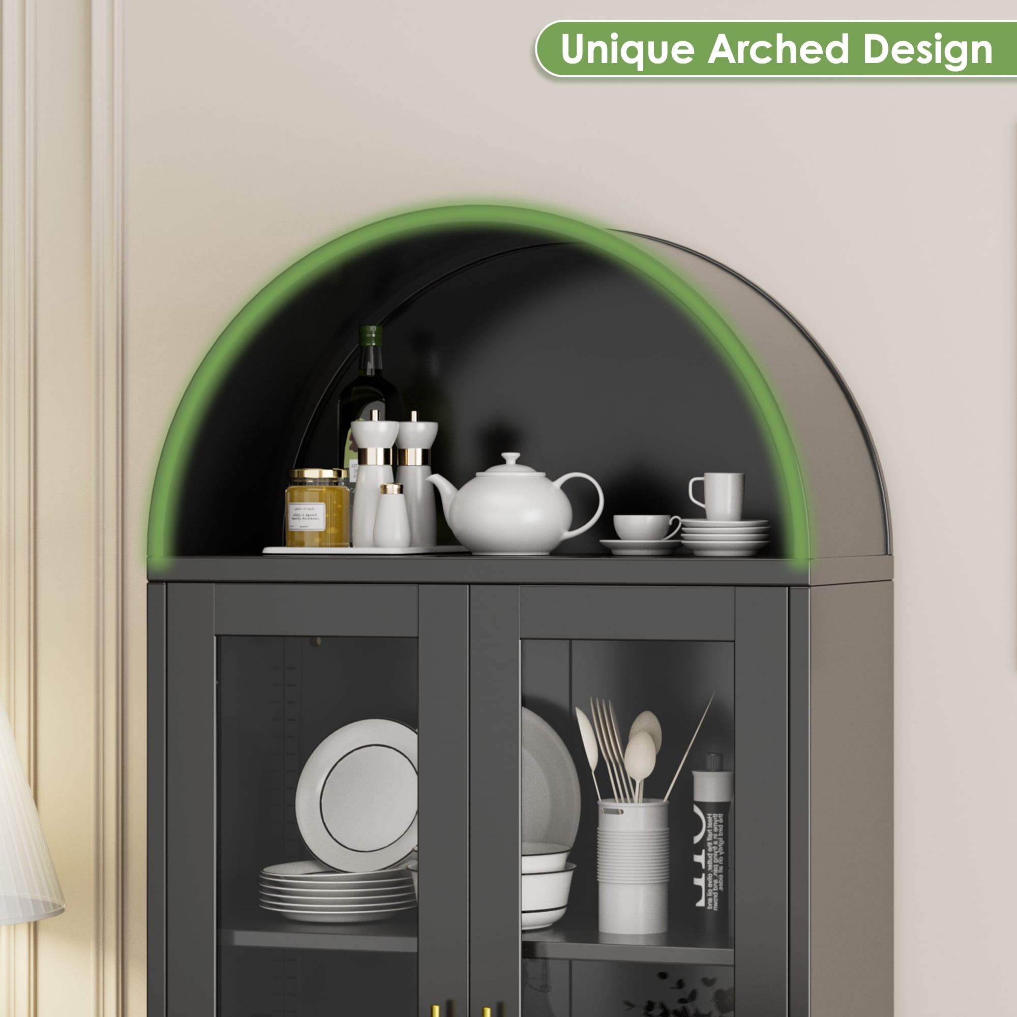 SUPEER Metal Arched Storage Display Cabinet with LED Strips and Glass Doors, Lockable Cabinet, Assembly Required, Black