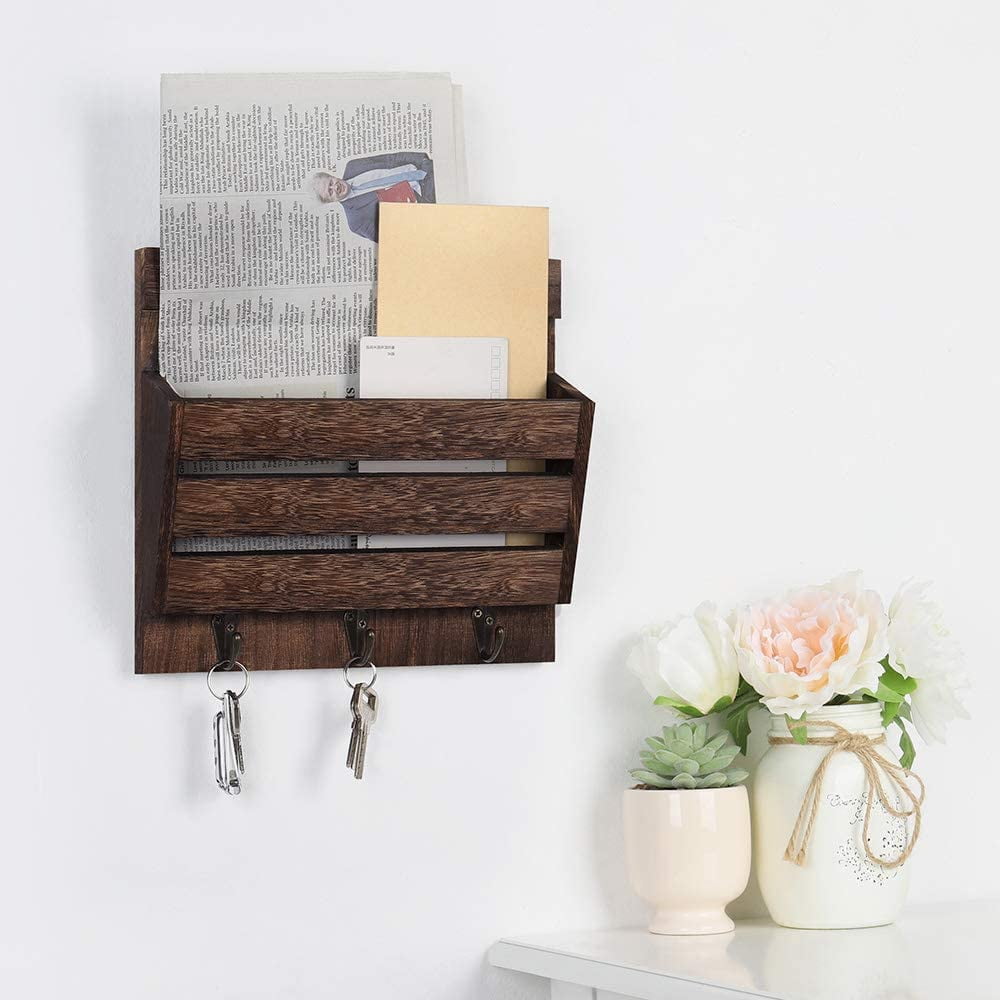 Oumilen Wood Wall Mount Mail and Key Holder Organizer with 3 Key Hooks, Brown