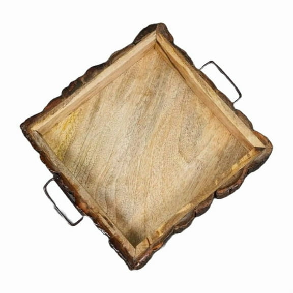 Bark Handcrafted Mango Wood Serving Tray with Handles, 10 x 10 x 2 inches Brown