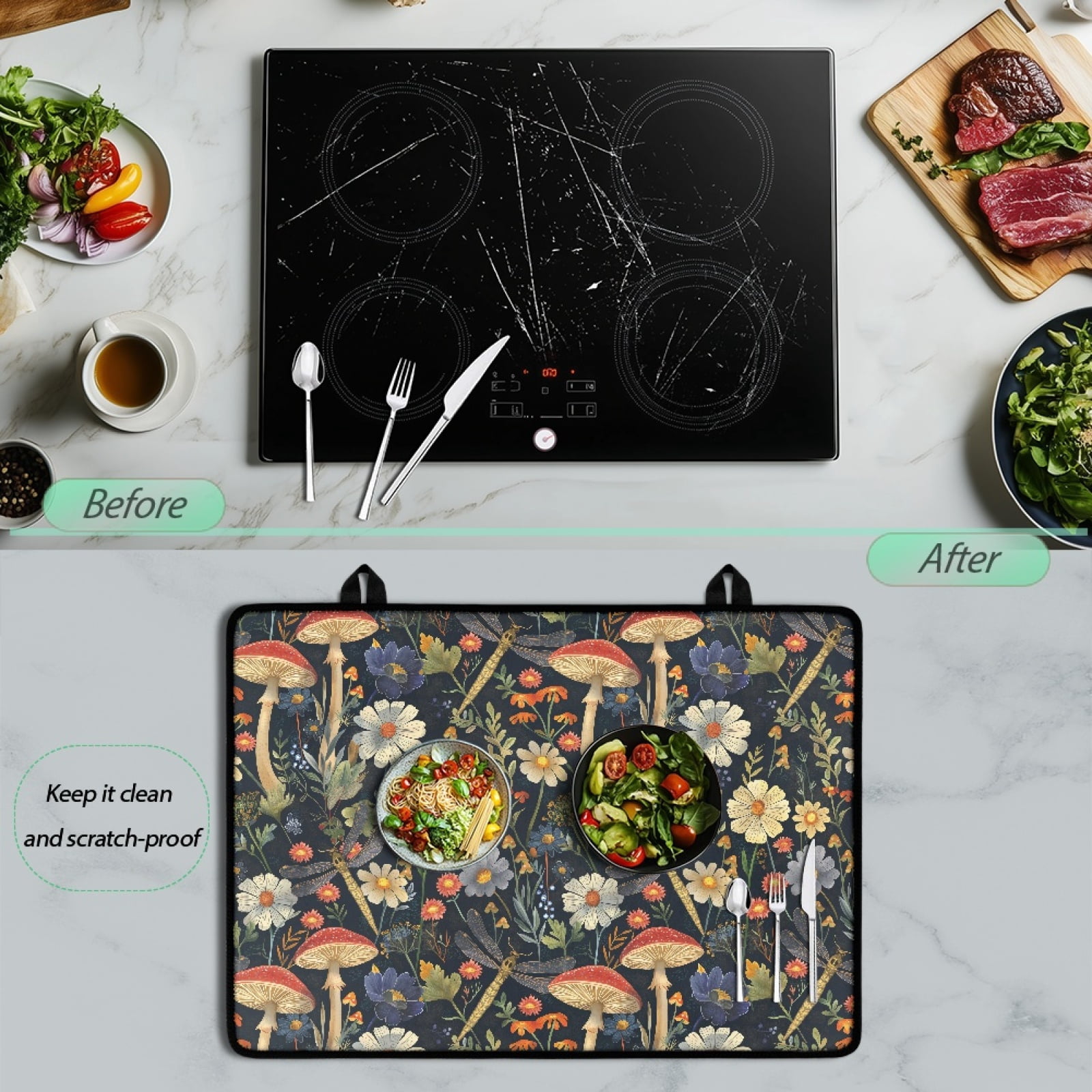 Renewold Electric Stove Cover Glass Stove Top Cover Heat Resistant Anti-slip Stovetop Protector Cover Cooktop Mat Extra Counter Space Extra Large, Mushroom Dragonfly Floral