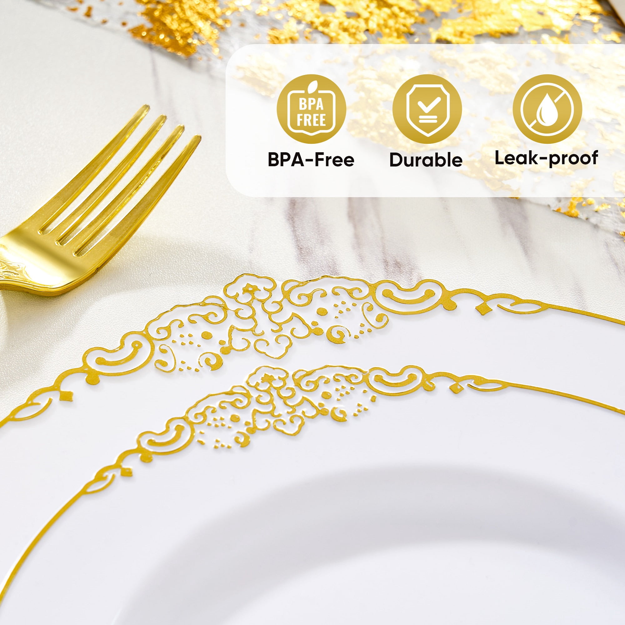 350Pcs Gold Plastic Plates Sets - Dinnerware Sets for 50 Guests,Decorative Plates for Festival Wedding Party
