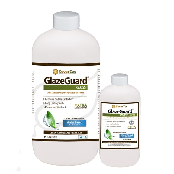 CoverTec GlazeGuard Gloss Ceramic & Porcelain Tile Sealer – High Gloss Wet Look Finish – 2-Part Professional Sealer for Ceramic & Porcelain Floors – Enhanced Protection & Shine (32 oz)