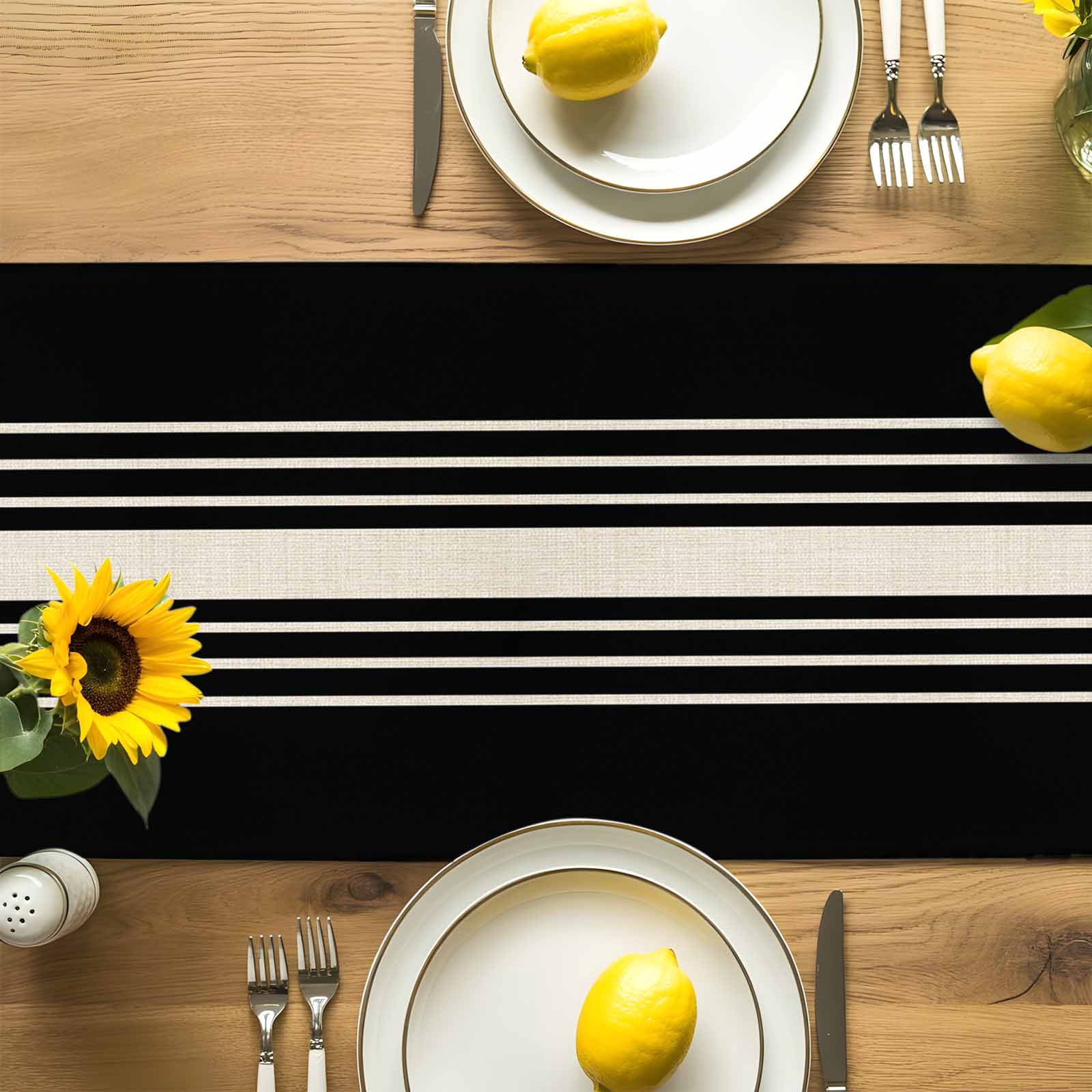 Black Stripe Line Table Runner 90 Inches Long, Retro Linen Table Runners Tabletop Scarf Kitchen Dining Tables Decoration for Home Party Indoor Outdoor