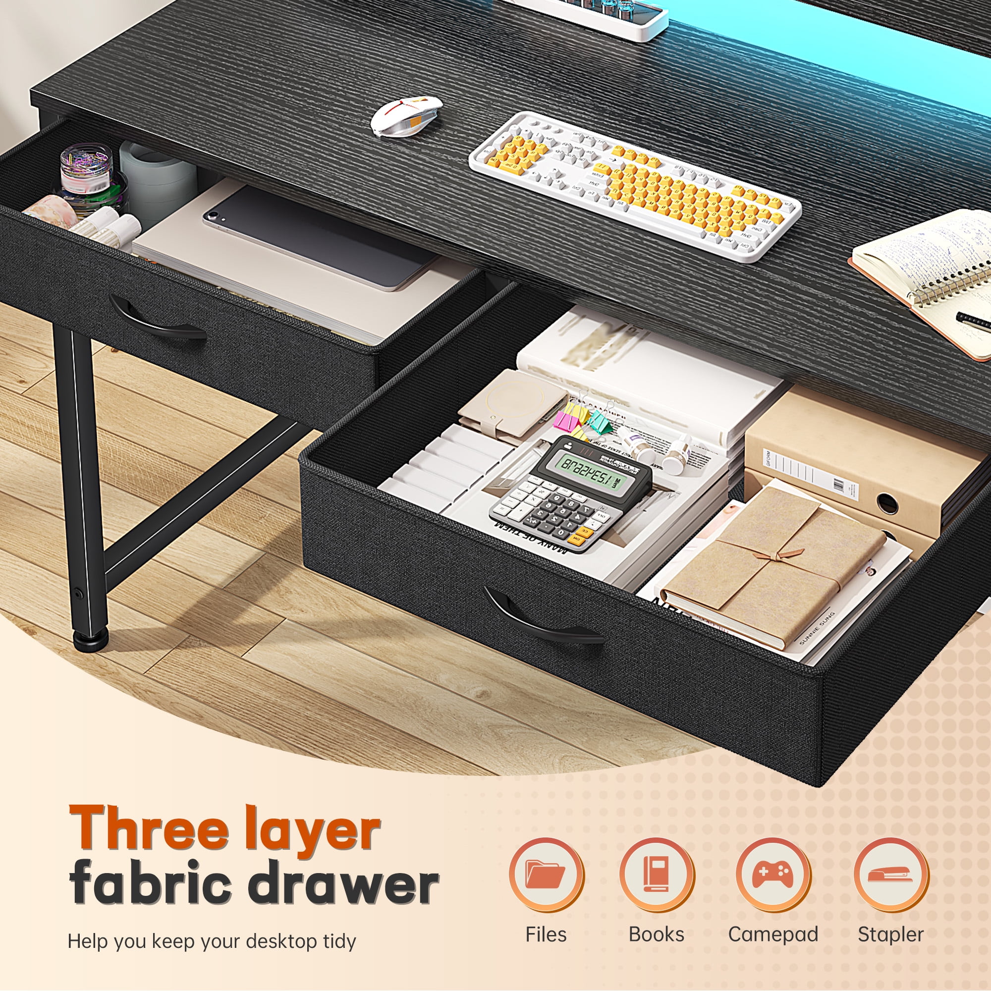 Romorgniz 37.8" H Computer Desk with LED Lights Small Desk with 2 Fabric Drawers & Side Pocket, Ergonomic Study Desk with Monitor Stand for Home Office, Gaming, Small Spaces, Black