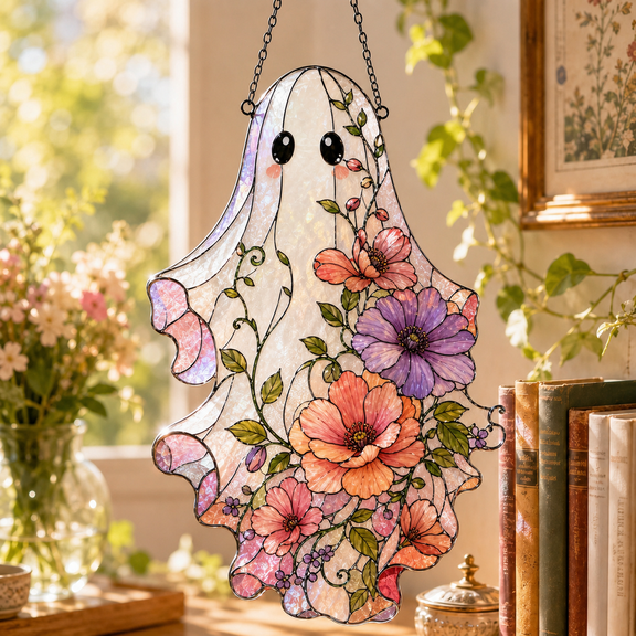 Suncatcher Floral Ghost Acrylic Window Hanging for Halloween Decor
