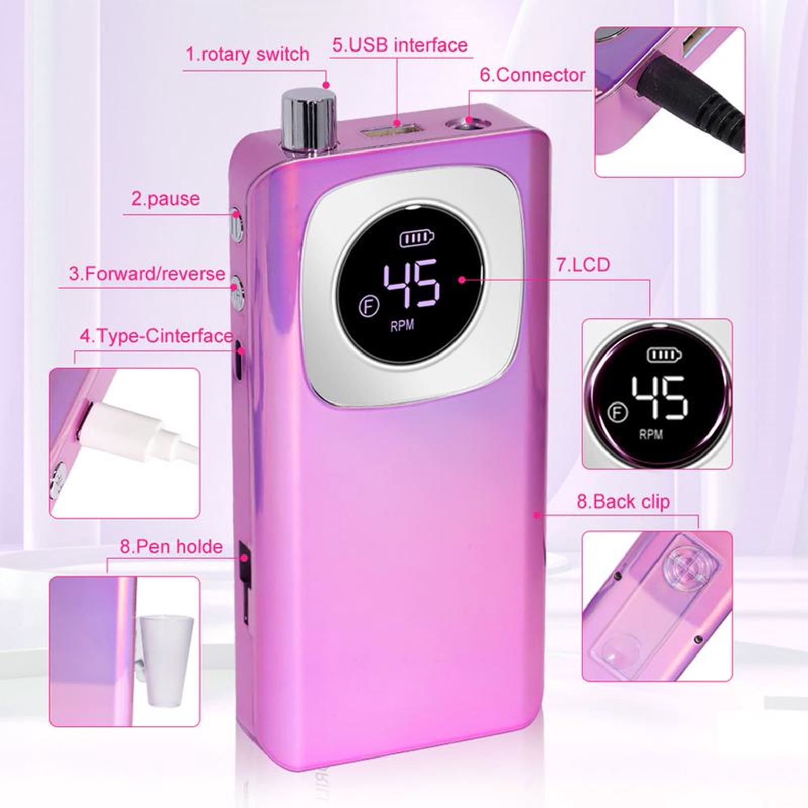 golytefs Electric Nail Drill 45000RPM Rechargeable Cordless E-file with Bits Kit Portable Nail File for Acrylic Gel Polishing Removing (Purple)