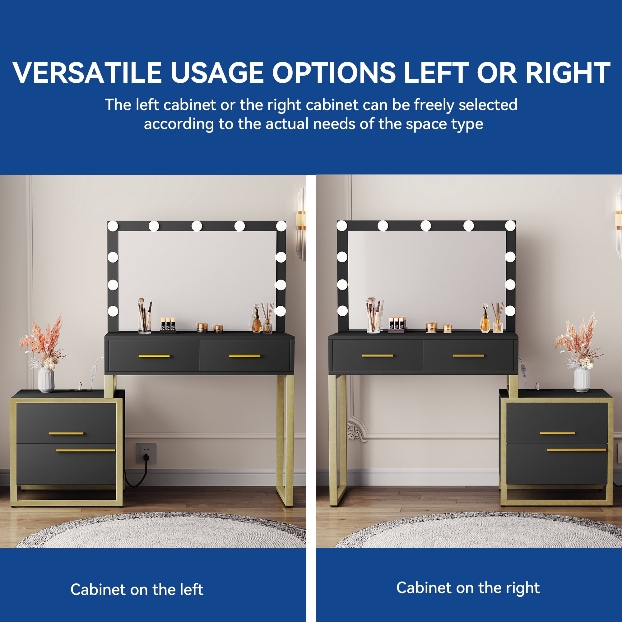 Uforic Black-Gold Makeup Vanity with Mirror and LED Lights