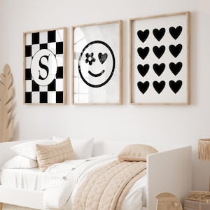 Tween Girl Room Decor Aesthetic Y2K, Black and White Smiley Face Print Retro, Tween Room Decor Girl, Set of 3 Black Heart PRINTS OR CANVAS, Poster Only