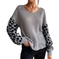 thumbnail image 1 of Suéter de manga de leopardo para mujer, jersey informal holgado con cuello en V, Top de punto con costura de leopardo, suéter de manga larga con farol, 1 of 6