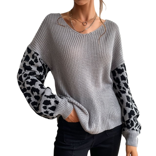 Suéter de manga de leopardo para mujer, jersey informal holgado con cuello en V, Top de punto con costura de leopardo, suéter de manga larga con farol