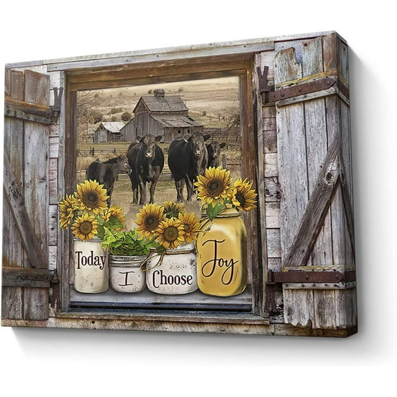 Sunflower Mason Jars on Rustic Window Wall Art Angus Cows Kitchen Decor Farmhouse Picture Framed Modern Artwork For Living Room Bedroom Home 12x16 In