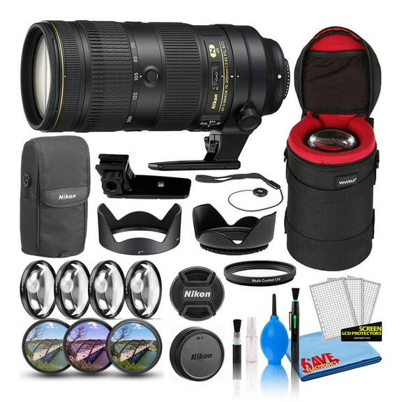 Nikon AF-S NIKKOR 70-200mm f/2.8E FL ED VR Lens (20063) Intl with Padded Lens Case   Macro Filter Kit   UV, CPL, FL Lens Filters   Tulip Hood   Lens Cap Keeper   Cleaning Kit