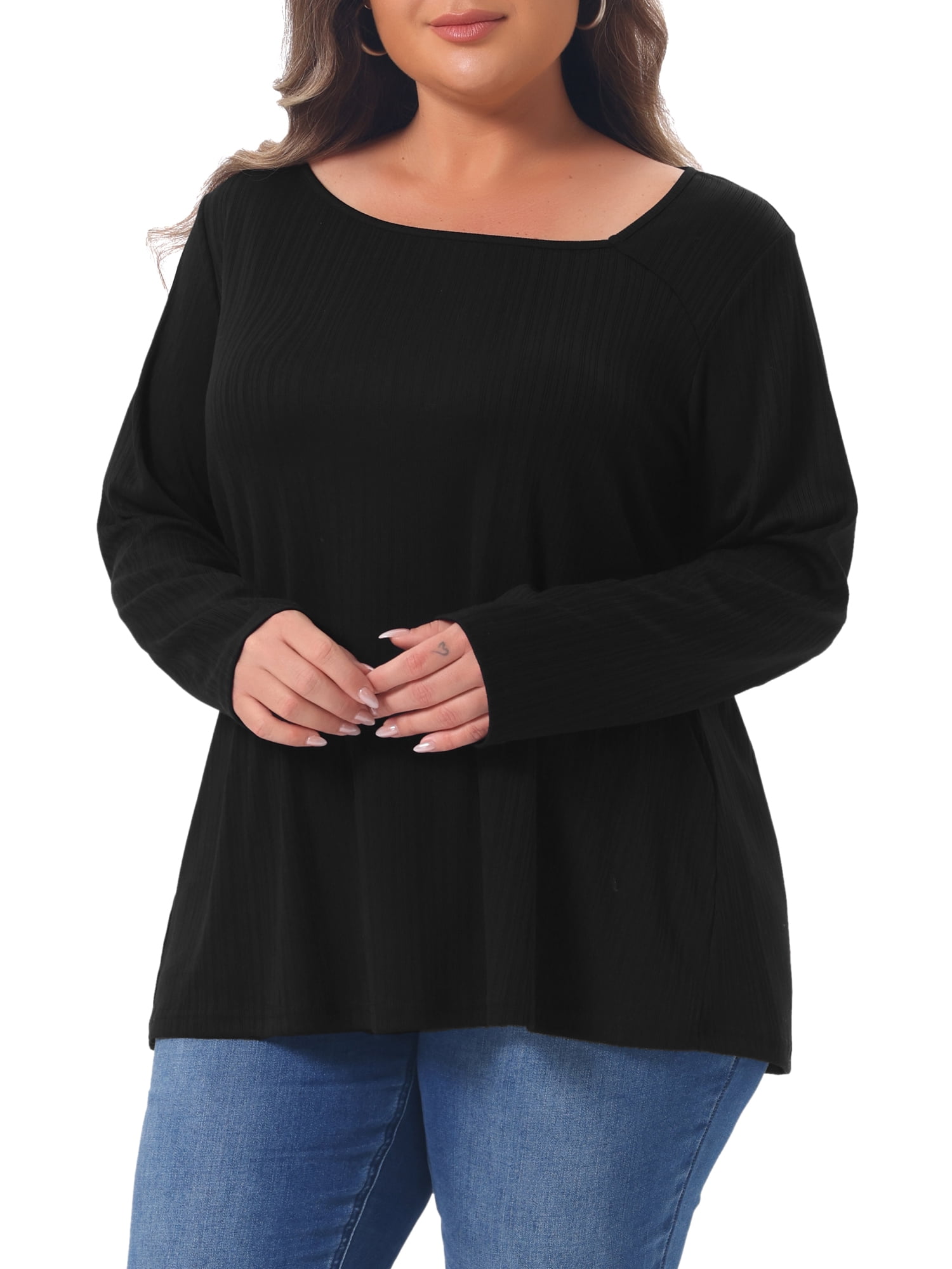 DARING DIVA Women's Plus Long Sleeve Asymmetrical Neckline 1X Black