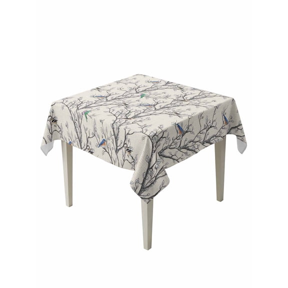 Natural Trees Table Cloth, Waterproof Tablecloth for Square Tables, Colored Birds on Branches Retro Rustic Reusable Washable Fabric Table Cover for Restaurant Kitchen Dining Tables 54"x54"