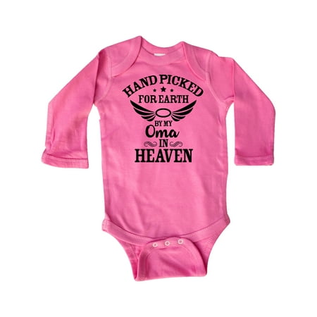 

Inktastic Handpicked for Earth By My Oma in Heaven with Angel Wings Gift Baby Boy or Baby Girl Long Sleeve Bodysuit