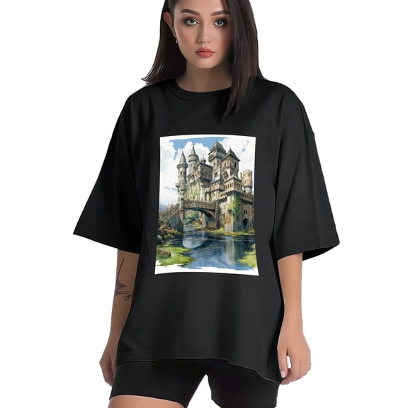 Plus Size Shirt for Women Black Tops for Women Short Sleeves Shirt for Women Castle (37） T Shirt Crewneck Shirt for Women XS