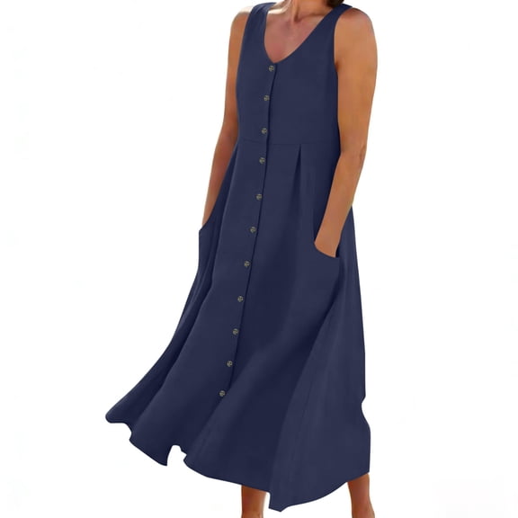 cocolona Womens Summer Loose Long Dress Sleeveless Button V Neck Ruffle Flowy Tank Dress Hawaiian Beach Sundress with Pockets