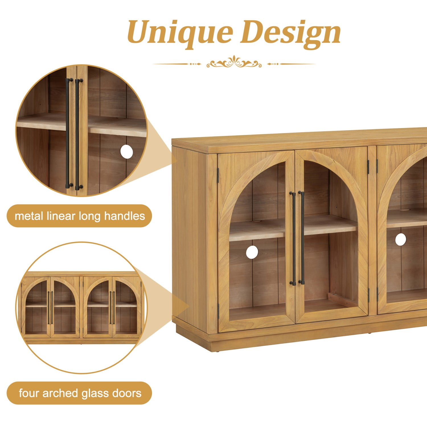 4-Door Arched Glass Sideboard Buffet Cabinet, Retro Storage Credenza with Adjustable Shelves, Cable Holes, Wood Veneer Cabinet for Dining Living Room, Natural