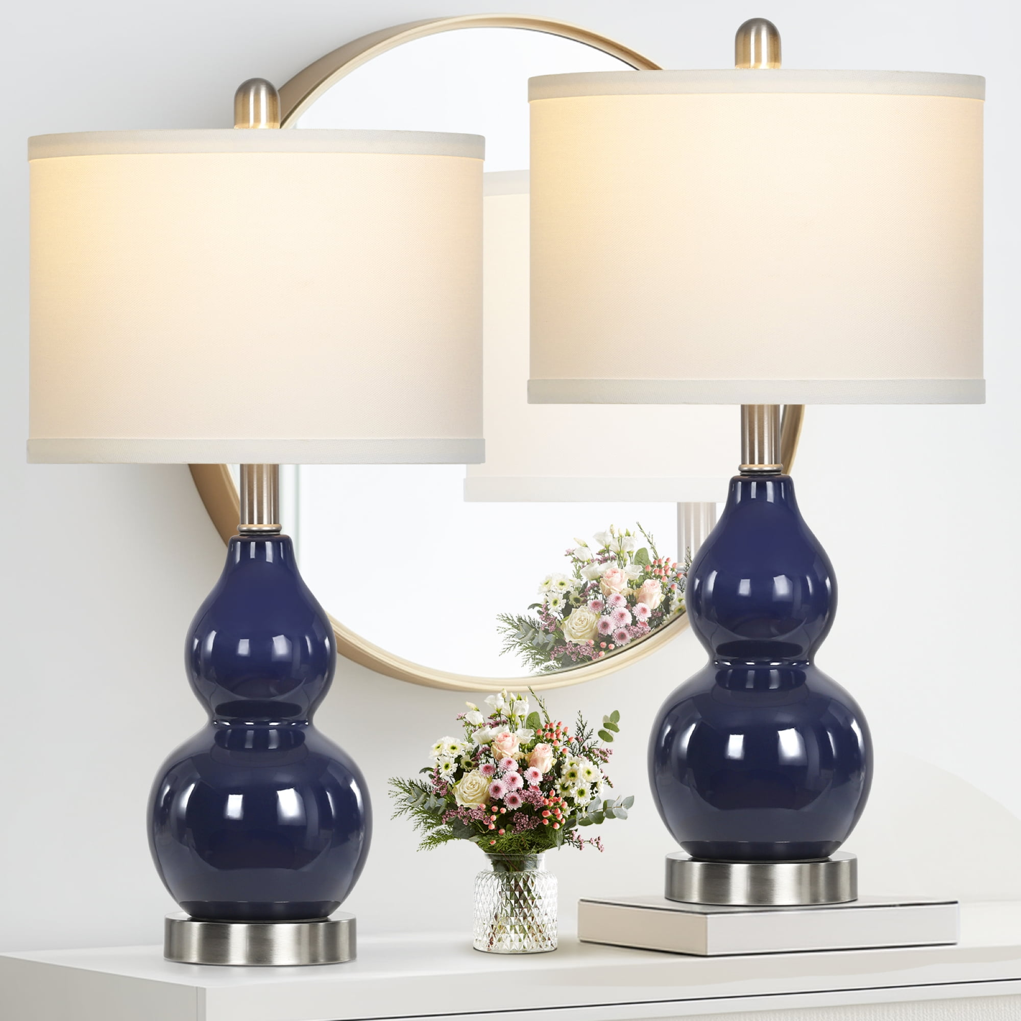 Cinkeda Coastal Double Gourd Ceramic Table Lamp Set of 2 for Living Room Bedroom 22" Nautical Blue Bedside Nightstand Lamp with White Shade