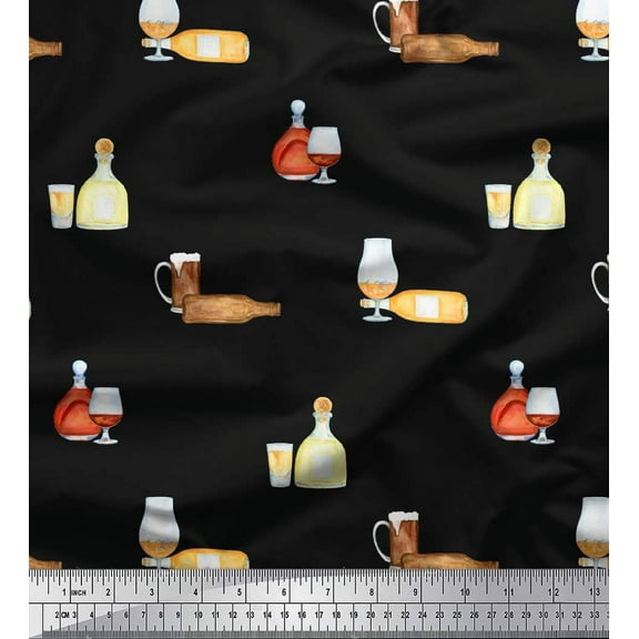 Soimoi Black Cotton Voile Fabric Designer Bottle & Wine Glass Bar Printed Fabric 1 Yard 42 Inch Wide