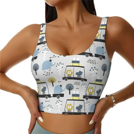 Qokaie Lion Hippo Elephant On The Car Pattern Womens Scoop Neck Sports Bra Breathable Workout Vest Padded U Back Medium Impact Fitness Gym Yoga Bra Workout Crop Top-Large