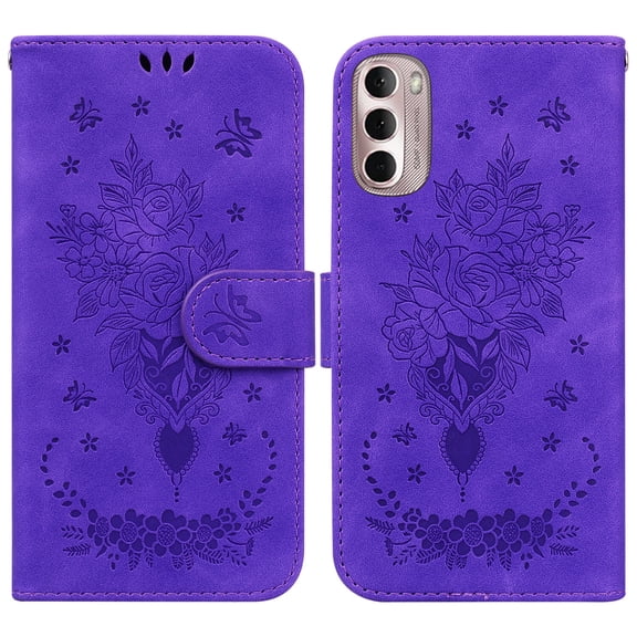 Wallet Phone Case for Motorola Moto G Stylus 4G 2022,for Women Men,Butterfly & Rose Embossed PU Leather Magnetic Clasp Flip Stand Card Slots Shockproof Ultra Thin Protective Cover,Purple
