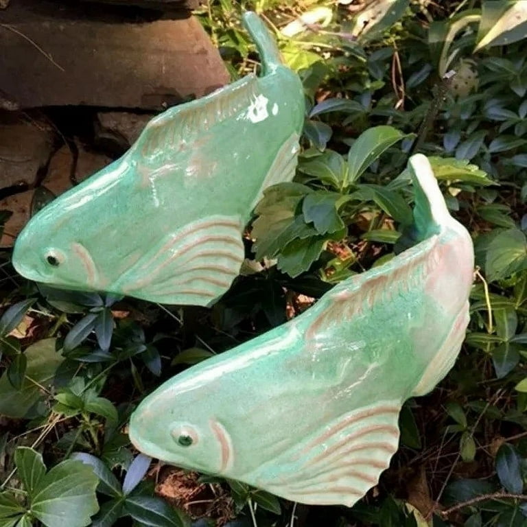 Garden Sculptures & Statues,Koi Fish Decor,Garden Fish Art,Set of 2 Antique  Ceramic Koi Fish Yard Art Decor,Glowing Garden Fish at Night,for