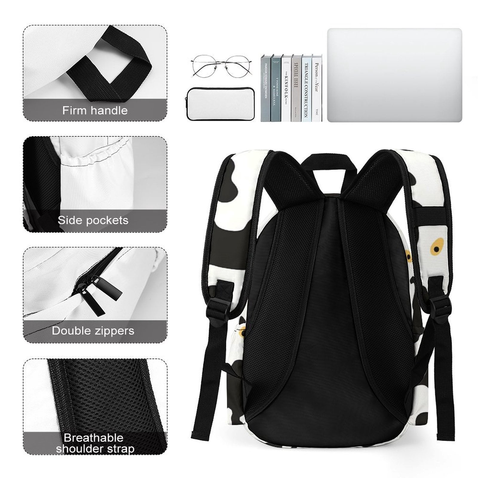 Large Capacity Half Print Backpack 11.8×16.5×5.9in Multifunctional Zipper Design Convenient Switch Simple Cow Print Pattern1_4