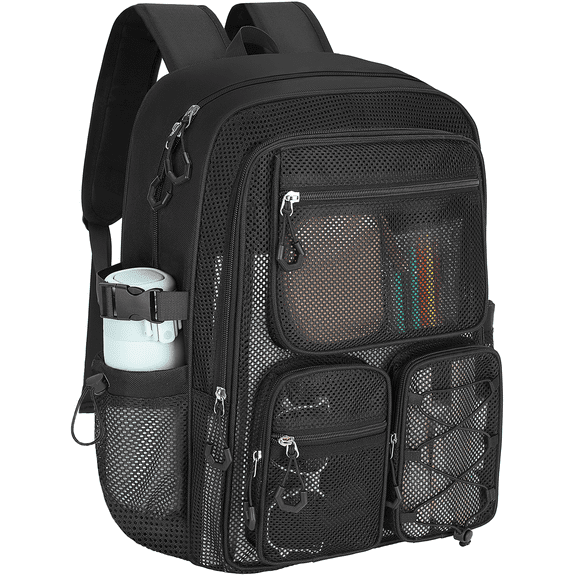KOITHOT Mesh Backpack Heavy Duty, Stadium Approved Multi-Pocket Beach Backpacks for Adults, See Through Transparent Mesh Bookbag for School & Travel(Black)