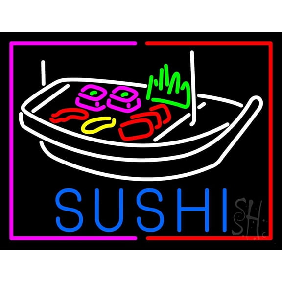 Blue Sushi With Plate Logo LED Neon Sign 15 x 19 - inches, Clear Edge Cut Acrylic Backing, with Dimmer - Bright and Premium built indoor LED Neon Sign for restaurant window and interior decor.