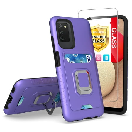 TJS Phone Case for Samsung Galaxy A02S with Tempered Glass Screen Protector Impact Resistant Metal Ring Magnetic Support Kickstand Card Slot Cover (Purple)
