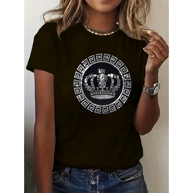Women'S Casual Summer T-Shirt with Crown & Greek Key Print - "BORN TO BE WILD" Design, Short Sleeve, Round Neck, Allseason Top, Casual Attire | Crown Print Top | Detailed Print Top
