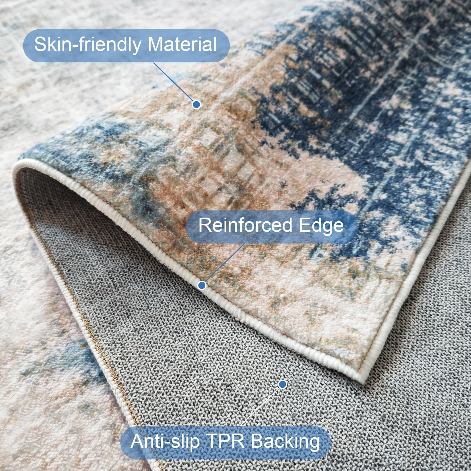 Nefoso 5ft x 8ft Area Rugs, Washable Area Rugs for Living Room Bedroom Home Decor, Non-Slip Carpet, Modern Abstract, Blue & Beige
