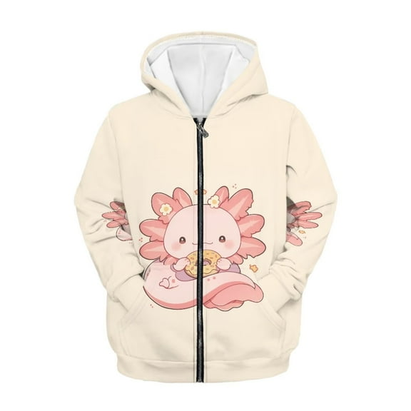 Chririnla Cartoon Axolotl Doughnut Zip Up Hoodie with Pockets Long Sleeve Lightweight Comfy Casual Outerwear for Girls Teens Size 6-9