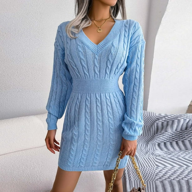 Womens Dresses Clearance Plus Size Women's Autumn And Winter Stylish Hollow  Waist Bag Hip Knitted Sweater Dress Blue S DRS 