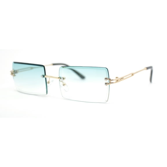 Luxury Rimless Showy Hustler Rectangle Metal Rim Sunglasses Gold - Green