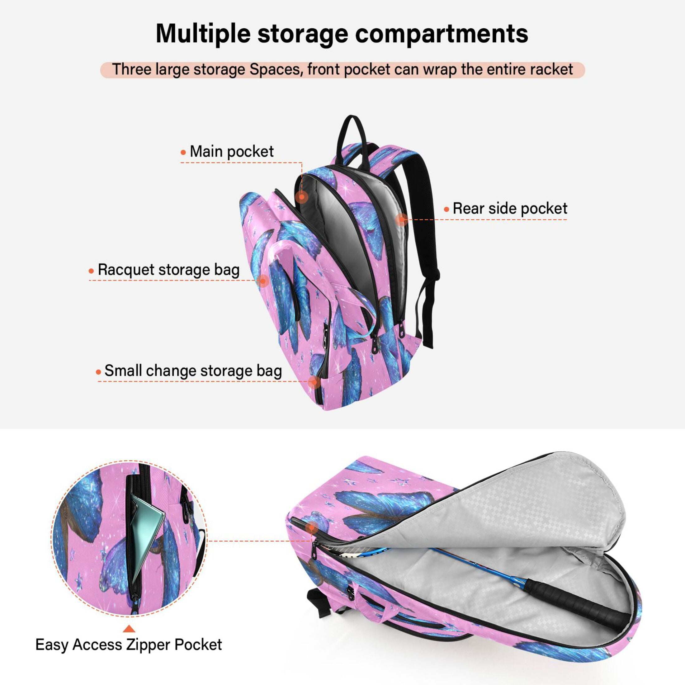 2 Racquet Holder Tennis Backpack Tennis Racket Covers Gym Bags Blue Morpho Butterflies