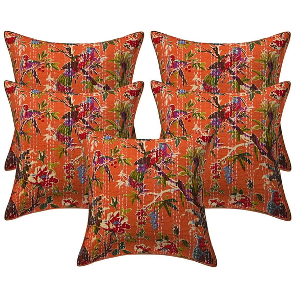 Stylo Culture Indian Couch Throw Pillow Covers 16 x 16 Kantha Orange Printed 40 x 40 cm Home Decor Accent Pillowcase Cotton Bird Square Cushion Covers | Set Of 5