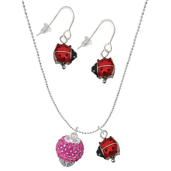 Delight Jewelry Silvertone Hot Pink Crystal Sparkle Spinner Red Lucky Ladybug Necklace and Dangle Earrings Set