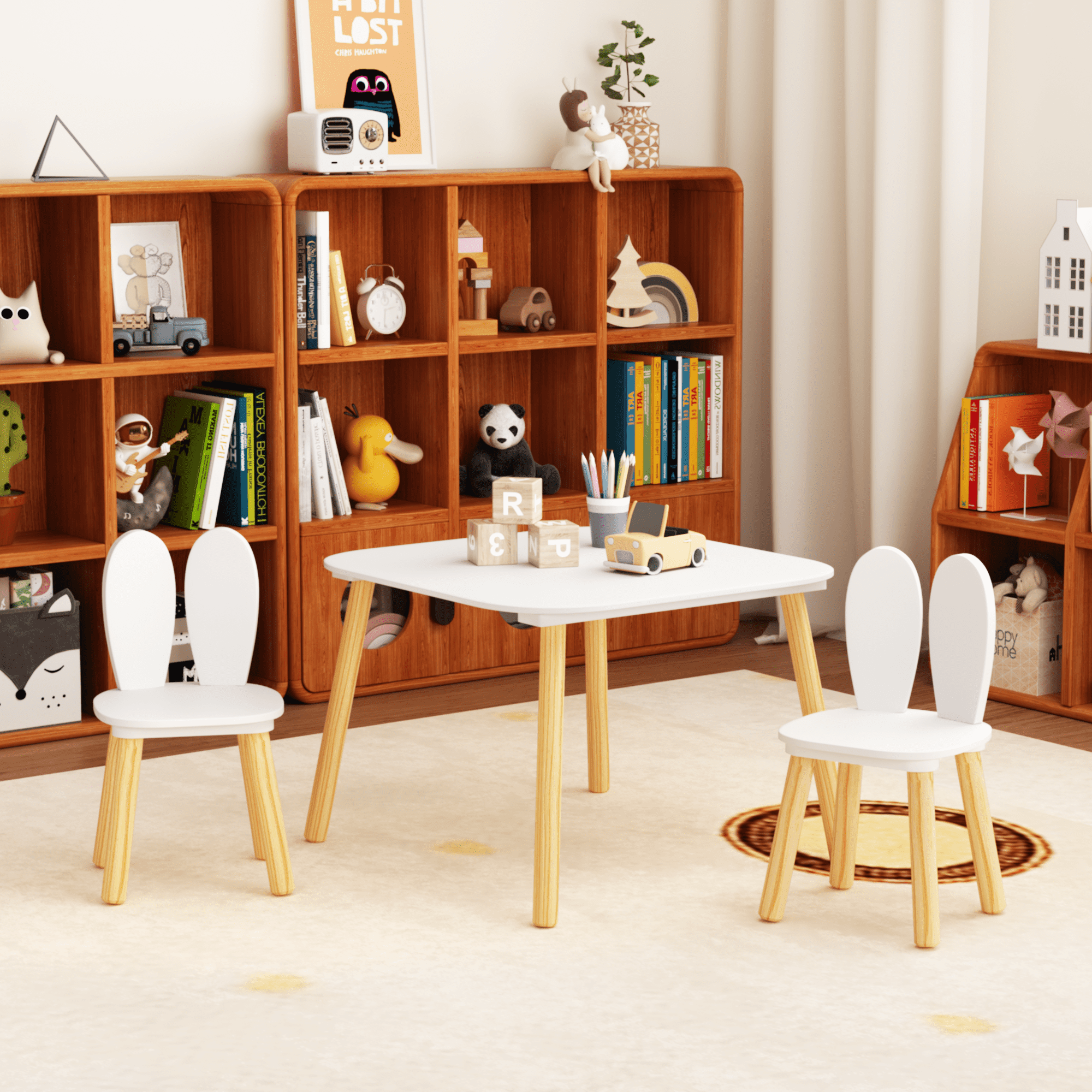 Kids Table and 2 Chairs Set, Wood Children Activity Table, 2 Animals Chairs for Reading, Drawing, Eating