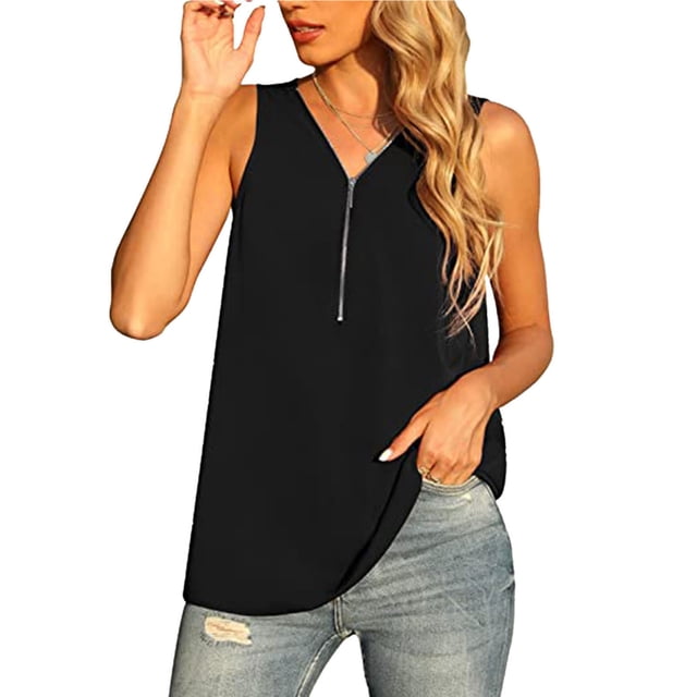 Camiseta sin mangas para mujer con cierre de cremallera y cuello en V, camisas de gasa sin mangas sueltas para uso en verano
