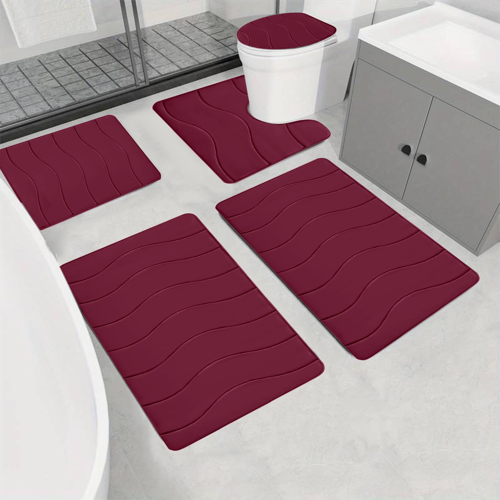 Outoloxit Bathroom Rugs Sets 3 Piece, Foam Bath Mat 5 Set Bathroom Rugs for 5 Pcs Toilet Mats Universal Soft Comfortable Water Absorption Non-Slip Thick Machine Washable Easier to Dry Dark