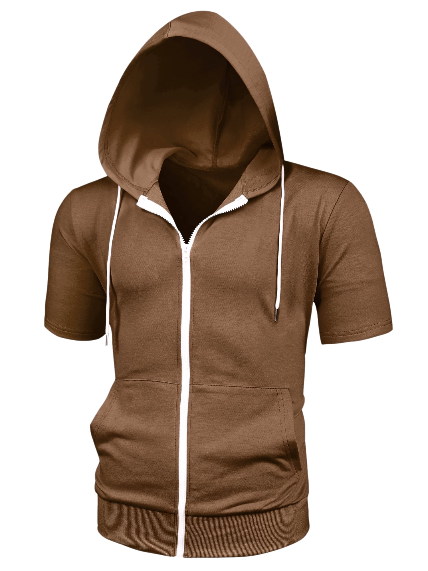 Unique Bargains Men's Short Sleeve Solid Color Zip Up Sport Hoodies L Brown