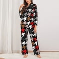 thumbnail image 3 of Kll Houndstooth Green Red Print Women'S Long Sleeve Pajamas With Pants Sleepwear Loungewear 2 Set-Large, 3 of 9